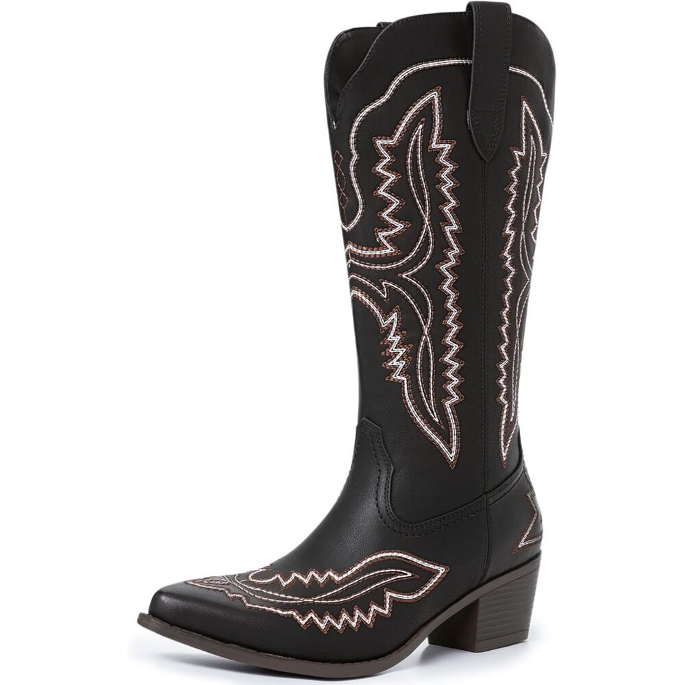 ⚡Women's Black Square Toe Cowgirl Boots Low Chunky Heel Embroidery Mid Calf